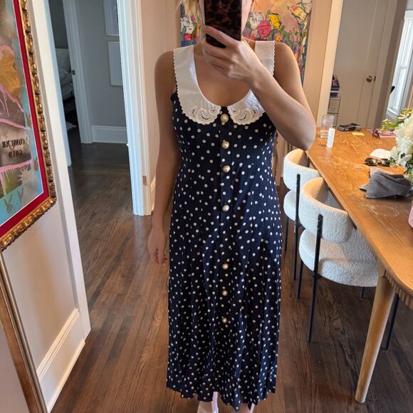 Alessandra Rich Peter Pan-collar Polka-dot Silk-georgette Dress - Blue White - Picture 3 of 4